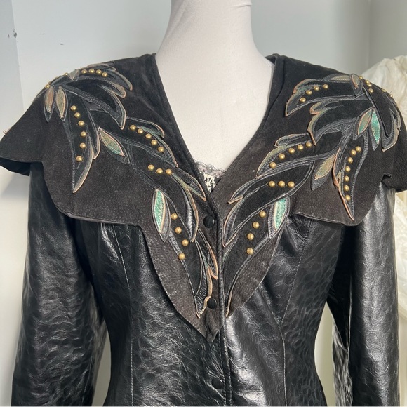 Vintage Genuine Leather Western Jacket Embellished Studded Yoke L - Picture 6 of 9